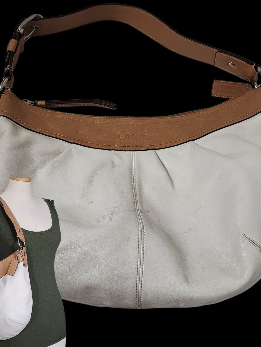 Coach Soho Hobo Pleated Genuine Leather Shoulder Bag Purse F13731 White Tan